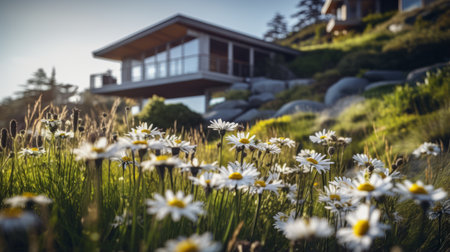 victorian architecture photography of sleek hillside house design by olson kundig. close-up shot of a blurred daisy in the foreground. shot in 8k from a movie-like composition, featuring professional color grading and epic volumetric lighting. the image showcases sharp focus, film grain, and a captivating atmosphere. captured with a sony alpha a7 iii camera and a sony fe 24-105mm f/4 g oss lens, resulting inの素材