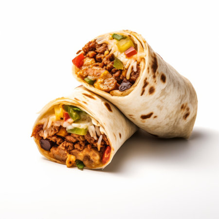 a mouthwatering burrito filled with cheese, salsa, and tortilla sauce is beautifully captured in this 8k resolution photograph. the traditional chinese influence is evident in the composition, while the softbox lighting adds a touch of elegance. the vibrant colors of the burrito, reminiscent of rubens' art, exude an unpolished authenticity. the layers of fibers in the tortilla add texture to this visually appealing image. aiの素材