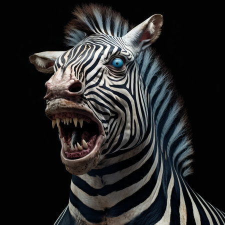 a zebra with a strong facial expression holds a fish in this expressive facial animation. the image combines elements of security camera footage with the artistic styles of patricia piccinini and giuseppe arcimboldo. with a touch of video and zombiecore influences, this unique artwork captures attention and intrigue. ai generatedの素材