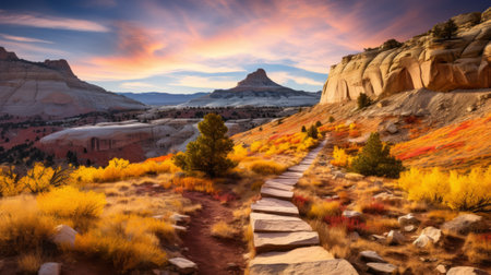 a breathtaking plateau hiking trail showcasing vibrant colors of yellow, blue, pink, and black. the strong shadows and golden light create a mesmerizing atmosphere. this award-winning illustration captures the essence of poetcore with its pastel hues. the high quality and intricate details, reminiscent of ansel adams' work, are beautifully captured through the zoom lens. a masterpiece inspired by the renowned artist andrew tischler. ai generatedの素材