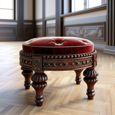 a wood stool with a red top, featuring baroque ornate details, vintage atmosphere, and realistic hyper-detailed rendering. this interesting piece is showcased in a historical illustration of sydney prior hall, with vray tracing and natural lighting adding to its charm. ai generatedの素材
