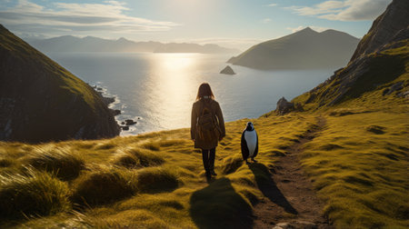 megan walks through a mountain with a penguin following, showcasing the natural beauty of the surroundings. the high-angle perspective and wide-angle lens capture their connection with nature, while the penguin adds a playful element to the composition. ai generatedの素材