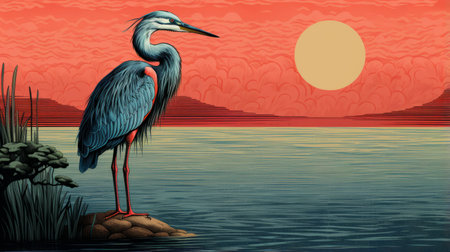 blue heron perched on shore stump with large fish, against richly colored skies. editorial illustration style featuring light red and dark gray tones, woodcut-inspired graphics, and hyper-realistic animal illustrations. expansive landscapes and high horizon lines add depth to the scene. ai generatedの素材