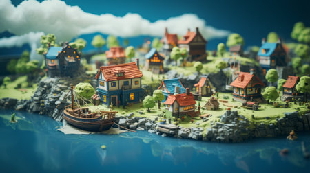 a digital papercraft island with miniatures, showcasing a villagecore aesthetic. the photo features a low depth of field, highlighting the thick impasto texture and precise nautical details. the romantic riverscapes and depiction of rural life add to the charm of this code-based creation. ai generatedの素材