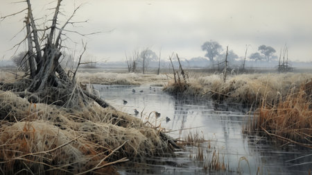 winter in the woods by j paul adams, 2012, is a captivating photograph that showcases the artist's hyper-realistic style. the serene pastoral scene depicts a dutch seascape with eerie landscapes, reminiscent of the brushstroke fields in the works of sopheap pich. the hyper-realistic water adds depth and realism to this stunning winter composition. ai generatedの素材