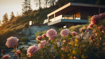 sleek hillside house design by olson kundig captured in this renaissance architecture photography. the close-up shot features a blurred rose in the foreground, adding a touch of elegance. shot in 8k from a cinematic perspective, the composition showcases professional color grading, epic volumetric lighting, and sharp focus. the film grain and atmospheric elements enhance the overall atmosphere. captured using a sony alpha a7 iii cameraの素材