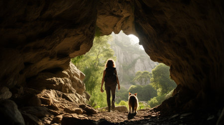 jessica walking through a cave with a cat following, showcasing the natural beauty of the surroundings and their connection with nature. high-angle perspective and wide-angle lens capture the scene, while the cat adds a playful element. ai generatedの素材