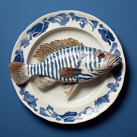 a fish, placed in a blue and white dish, is captured against a vibrant blue wall. this sculpture-based photograph showcases striped compositions, hyper-realistic animal illustrations, larme kei fashion influences, dutch baroque aesthetics, fragmented advertising elements, and intricate illustrations. ai generatedの素材