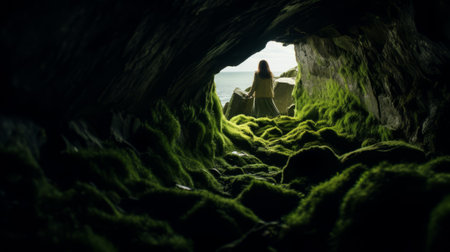 a man gazes into the distance, standing before the entrance of a cave. the photograph captures the essence of ethereal seascapes with its dark green and light green tones. shot in 32k uhd using a tokina at-x 11-16mm f28 pro dx ii lens, this image showcases whimsical and playful scenes. the composition is organic and naturalistic, making it truly breathtaking. ai generatedの素材