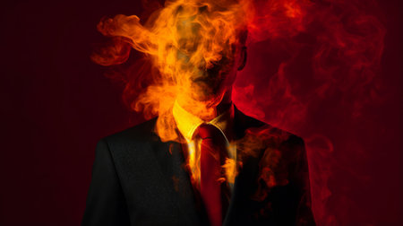 a man with a flame-covered head, captured in a hauntingly elegant style with multiple filter effects. this wealthy portraiture showcases a mesmerizing blend of yellow and crimson hues, creating an ethereal atmosphere. the mist-like flames give the impression of supernatural creatures, adding a touch of photo-realistic hyperbole to the image. ai generatedの素材