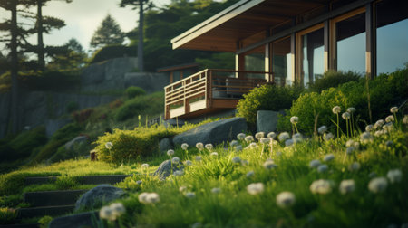 sleek hillside house design by olson kundig captured in this art deco architecture photography. the close-up shot features a blurred clover in the foreground, adding depth to the composition. shot in 8k from a cinematic perspective, the image showcases professional color grading, epic volumetric lighting, and sharp focus. taken with a sony alpha a7 iii camera and a sony fe 24-105mm f/4 g oss lens,の素材