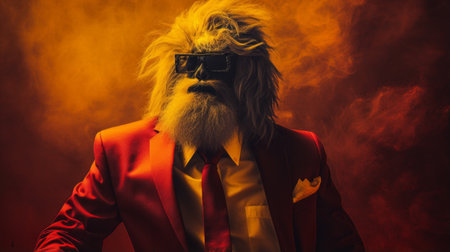 a person with a tuppence on their face is captured in this bold fashion photography style reminiscent of alan moore. the lighting features a mix of light red and amber tones, adding depth to the image. the influence of bess hamiti and alpo jaakola is evident in the stylish costume design. this photo showcases the innovative use of bold saturation. ai generatedの素材
