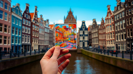 a woman captures the essence of a large building with a person-sized camera, reminiscent of lively and colorful impressionist landscapes. this photograph pays homage to the dutch tradition of eye-catching tags and precise, detailed architecture paintings. the scene evokes a sense of grandiose cityscape views, reminiscent of tarot cards, with a strong focus on the captivating landscape. ai generatedの素材