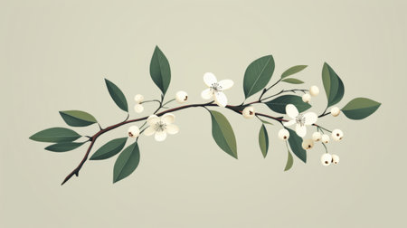 illustration of flowers on a natural branch in the field, featuring minimalist backgrounds with dark white and light emerald tones. the design showcases a minimalist spare simplicity, highlighting cherry blossoms with realistic detailing. the muted earth tones add a touch of traditional vietnamese aesthetics to the overall composition. ai generatedの素材