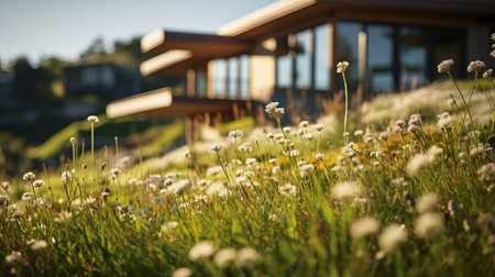 sleek hillside house design by olson kundig captured in this art deco architecture photography. the close-up shot features a blurred clover in the foreground, adding depth to the composition. shot in 8k resolution from a cinematic perspective, the image showcases professional color grading, epic volumetric lighting, and sharp focus. the film grain and atmospheric elements enhance the overall atmosphere. taken with a sony alpha a7の素材