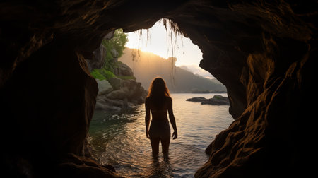 a high-angle perspective and wide-angle lens capture a stunning photograph through a cave, showcasing the natural beauty of the surroundings. the composition highlights jessica's connection with nature, creating a captivating image. ai generatedの素材