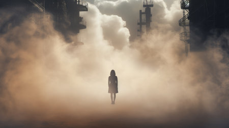 a girl stands in an industrial futurism-inspired setting, surrounded by atmospheric clouds and overshadowed by dense fog. the photograph captures trapped emotions and evokes a dreamlike nightmare. this 8k image, taken by michael malm and edited by patty maher, showcases a hauntingly beautiful scene. ai generatedの素材