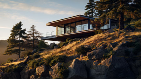 sleek hillside house design by olson kundig captured in this expressionist architecture photography. the close-up shot features a blurred tree in the foreground, adding depth to the composition. shot in 8k from a cinematic perspective, the image showcases professional color grading, epic volumetric lighting, and sharp focus. the film grain and atmospheric elements enhance the overall atmosphere. captured with a sony alpha a7 iii cameraの素材