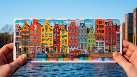 a photo of colorful woodcarvings and captivating harbor views in amsterdam. this whimsical folk art, with bold lines and vivid colors, is created using the style of motion blur panorama. the artist uses a sigma 105mm f14 dg hsm art lens to capture the architectural scenes in a unique and captivating way. ai generatedの素材