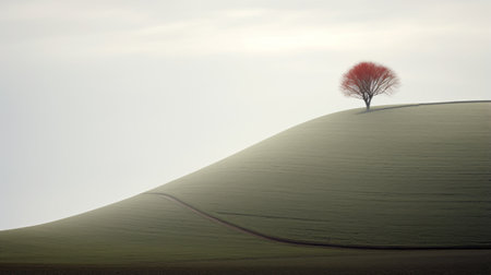 a single tree stands on a lush green hill, showcasing a muted and minimalist composition. the light red and gray tones evoke the style of the dusseldorf school of photography. captured with a zeiss batis 18mm f2.8 lens, this image highlights layered landscapes and delicately rendered minimalist compositions. ai generatedの素材