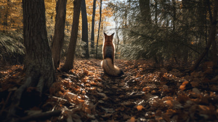 ashley walks through a forest with a fox following, capturing the natural beauty of the surroundings. the high-angle perspective and wide-angle lens highlight ashley's connection with nature, while the playful presence of the fox adds an enchanting element to the composition. ai generatedの素材