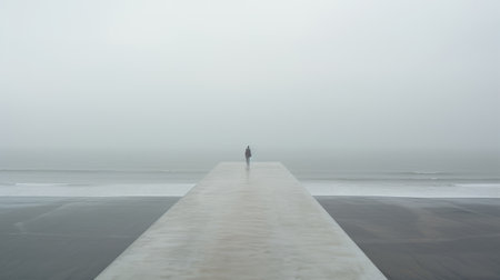 the photo captures the body of an ocean in a monochromatic minimalist style, with a misty atmosphere. taken by sydney photographer martin harris, the image showcases the use of the samyang af 14mm f2.8 rf lens and incorporates elements of geometric surrealism. inspired by the dusseldorf school of photography, the photo features a muted palette and was shot using the tokina at-x 11-16mm f2.8 proの素材