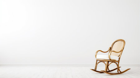 wooden rocking chair in an empty room, featuring a minimalist white background. this uhd image showcases the chair's simplicity and elegance. the room's spaciousness and the chair's classic design create a soothing atmosphere. the wallpaper and sabattier effect add a touch of innovation to this large canvas format photograph. ai generatedの素材