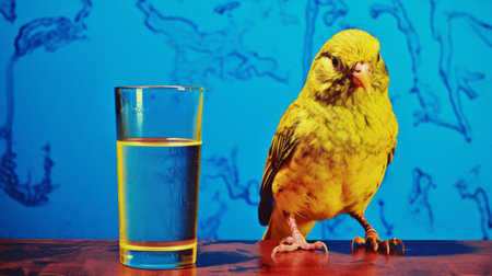 a yellow bird perches in front of a vibrant green window, capturing the essence of absinthe culture. the photo, taken with provia film, showcases a blend of blue and amber hues, creating a visually striking image. with its chemical reactions and satirical tone, this national geographic photo evokes sparkling water reflections, adding an intriguing touch to the composition. ai generatedの素材