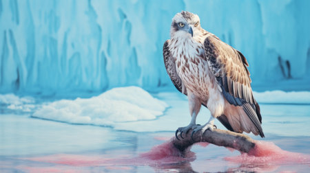 an eagle perches on a branch overlooking a stunning ice sculpture depicting hyperrealistic marine life. the sculpture, created using unreal engine 5, features a captivating blend of light red and blue hues. this uhd image showcases minimal retouching, allowing the eye-catching details and naturalistic landscape backgrounds to shine. ai generatedの素材