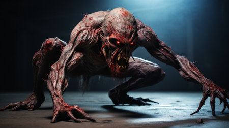 a large, grotesque scary monster with its arm on the ground, rendered in the style of unreal engine. this intense action scene showcases the monster's crimson hue and eerily realistic details. the close-up intensity and exaggerated poses add to the overall sense of fear and suspense. ai generatedの素材