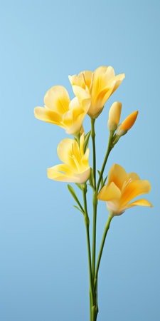 yellow flowers on a blue background, captured with photorealistic accuracy using a matte photo technique. the delicate simplicity of the composition highlights the organic nature-inspired forms. shot with a tokina at-x 11-16mm f/2.8 pro dx ii lens, the light orange and light beige hues add a touch of warmth. reminiscent of hyacinthe rigaud's style. ai generatedの素材