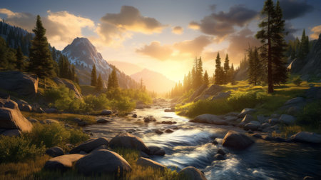a stunning photograph capturing sun rays illuminating a majestic waterfall in a picturesque mountain landscape. this nature-inspired piece showcases soothing landscapes reminiscent of national geographic photos, with graphics reminiscent of xbox 360 and the style of cryengine. the pastoral landscape evokes a whistlerian ambiance, making it a captivating visual experience. ai generatedの素材