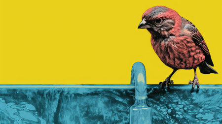 a bird perched on a sink near an empty fountain, in the style of pop art graphic design. the vibrant colors of yellow and crimson bring out the interdisciplinary artist's vision. the composition reflects elements of pre-raphaelitism, while the portrayal of the bird showcases the artist's talent for hyperrealistic wildlife portraits. with minimal retouching, this artwork captures the essence of working-class empathy. ai generatedの素材