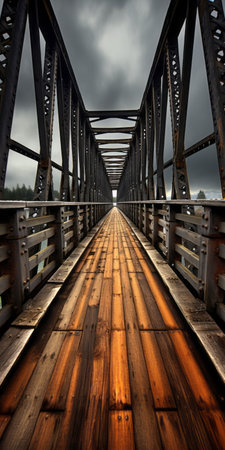 wooden plank on bridge with black cloud, symmetrical and repetitive style. hdr photo by emily carr, captured with tokina at-x 11-16mm f2.8 pro dx ii lens. dark silver and light amber tones. wrought iron material with bold structural designs. ai generatedの素材