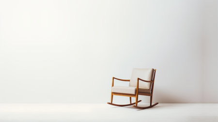 a rocking chair sits in a room, its sleek design blending seamlessly with the white background. this abstract minimalism-inspired piece showcases muted colorscape mastery, drawing influence from japanese minimalism. the combination of white and amber creates a serene ambiance, while the minimalist background and empty space evoke a sense of post-minimalism. ai generatedの素材