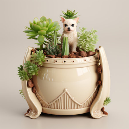 animalizator and flora planter 3d models by jess corta, featuring charming vignettes in the style of caninecore. captured with a canon eos 5d mark iv, these ivory-colored models showcase a traditional mexican style with a symmetrical arrangement. the result is a collection of cute and dreamy designs. ai generatedの素材