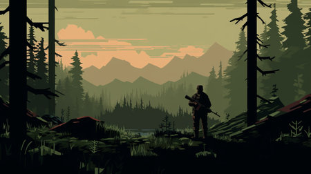the lonely hero saga wallpaper showcases a nature-inspired camouflage design with detailed hunting scenes. the perspective rendering adds depth to the artwork, while the campcore aesthetic creates a sense of pensive stillness. the wallpaper also draws inspiration from soviet social realism and features captivating 2d game art. ai generatedの素材