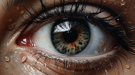 a person's eye caught in a rain of drops, depicted in a hyperrealistic painting style. this artwork showcases realistic and hyper-detailed renderings, with precise anatomical features. the use of light bronze and orange tones adds depth and warmth to the image. the hyper-realistic sci-fi elements and blink-and-you-miss-it detail make this piece truly captivating. the figures in the painting are highly detailed, adding to the overallの素材