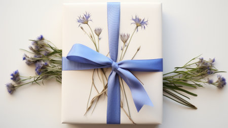 a gift wrapped with blue and white flowers, adorned with a blue bow. this minimalist nature study captures hyperrealistic details and precisionist lines, reminiscent of the style of cicely mary barker. the hand-painted details in light violet and light maroon add a touch of elegance. photographed using kodak ektar film. ai generatedの素材