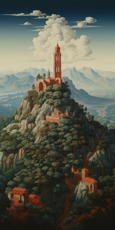a photo capturing the beauty of trees and rocks, reminiscent of precise and detailed architecture paintings. the image showcases intricately mapped worlds with neoclassical clarity, evoking a sense of adventure pulp. inspired by escher, it portrays mountainous vistas reminiscent of florentine renaissance landscapes. ai generatedの素材