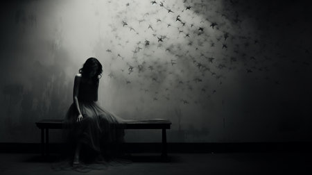a dark girl sits on a bench surrounded by walls adorned with flowers. the ethereal and ghostly figures in the avian-themed, black-and-white photography create a mesmerizing atmosphere. the smokey background adds to the emotional narrative, while the controlled chaos and dusty piles add an intriguing touch to the scene. ai generatedの素材