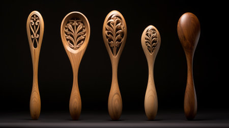 a line of wooden spoons featuring sculpted forms, intricate foliage, precisionist lines, and spherical sculptures. these realistic still lifes showcase dramatic lighting and symmetrical designs, highlighting the beauty of natural forms. ai generatedの素材