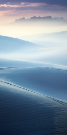 a photograph by nick kader capturing the deserts of zimbabwe in a blurred, dreamlike atmosphere. the image showcases a mix of dark navy and light azure tones, reminiscent of snow scenes. shot with a nikon d750, the photo features minimalist figuration, organic shapes, and elegant curved lines, evoking the spirit of miyamoto musashi. ai generatedの素材