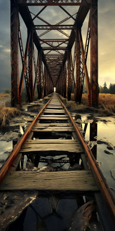 the rusty iron bridge showcases a post-apocalyptic style in this uhd image. with a balanced composition and a wide-angle lens, the photo captures the essence of traincore and dreamy landscapes, creating a captivating post-apocalyptic scenery. ai generatedの素材