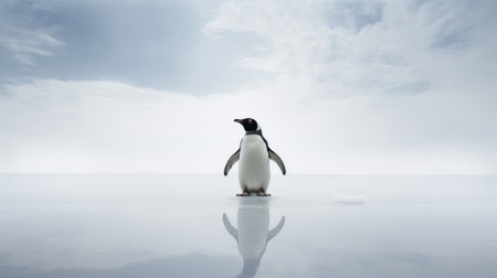a penguin stands on a rocky shore under a blue sky, captured in ethereal minimalism. this 8k resolution photograph showcases the glassy translucence of the scene, while also depicting trapped emotions. the poured resin technique enhances the visual impact, and the image boasts 20 megapixels, ensuring stunning detail. vignetting adds a touch of artistic flair to this captivating photo. ai generatedの素材
