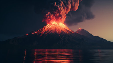 a raging volcano, inspired by japanese art and the works of beeple and asher brown durand, captures raw vulnerability. the tilt-shift lenses create a unique perspective, while the solarization effect adds an ethereal touch. the mesmerizing image, reminiscent of ray collins' photography, showcases the volcano's power as it reaches towards the sky. ai generatedの素材