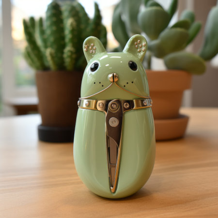 a blue ceramic cat statue is placed on a table alongside a wooden table adorned with potted plants. the statue features cute cartoonish designs and is chrome-plated. the scene is captured in the style of light green and silver, using fujifilm eterna 500t type 8573 film. the overall aesthetic is a blend of light green and light beige, reminiscent of albrecht anker's pencil steampunk art.の素材