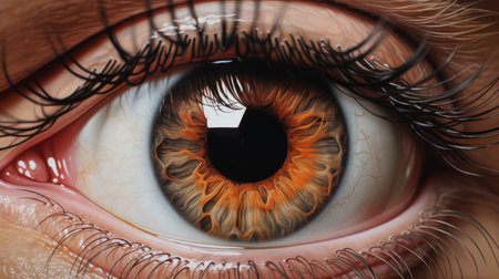 a hyperrealistic painting of an eye with thick brown eyelashes, showcasing detailed surrealism and realistic hyper-detail. the eye is depicted in a dark orange and white color palette, with a hard-edge painting style. this oil portraiture captures the intricate features of the eye, creating a captivating and lifelike representation. ai generatedの素材