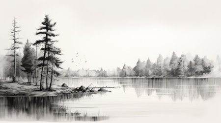 a black and white art illustration capturing quiet moments in nature. this piece showcases water, trees, and bridges with a unique style of transparency and opacity. the realistic bird paintings and ink-wash landscape add depth to the overall composition. with a resolution of 3840x2160, this illustration is a stunning example of cabincore aesthetics. ai generatedの素材