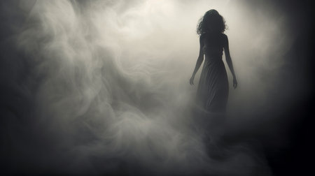 a dark silhouette of a woman stands by a dimly lit street, surrounded by a misty and ethereal atmosphere. the swirling vortexes and smokey background add to the ghostly presence of the scene. the image captures a light-focused and soft-focus portrait, creating a captivating and mysterious ambiance. ai generatedの素材